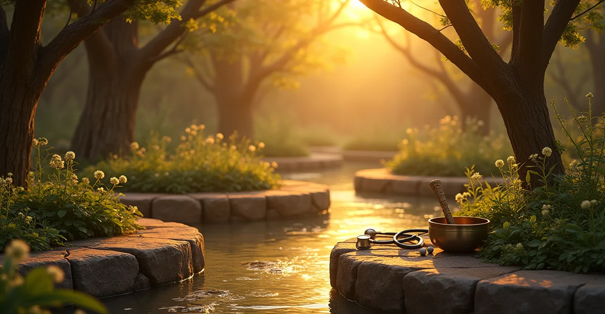 A serene garden path with golden light