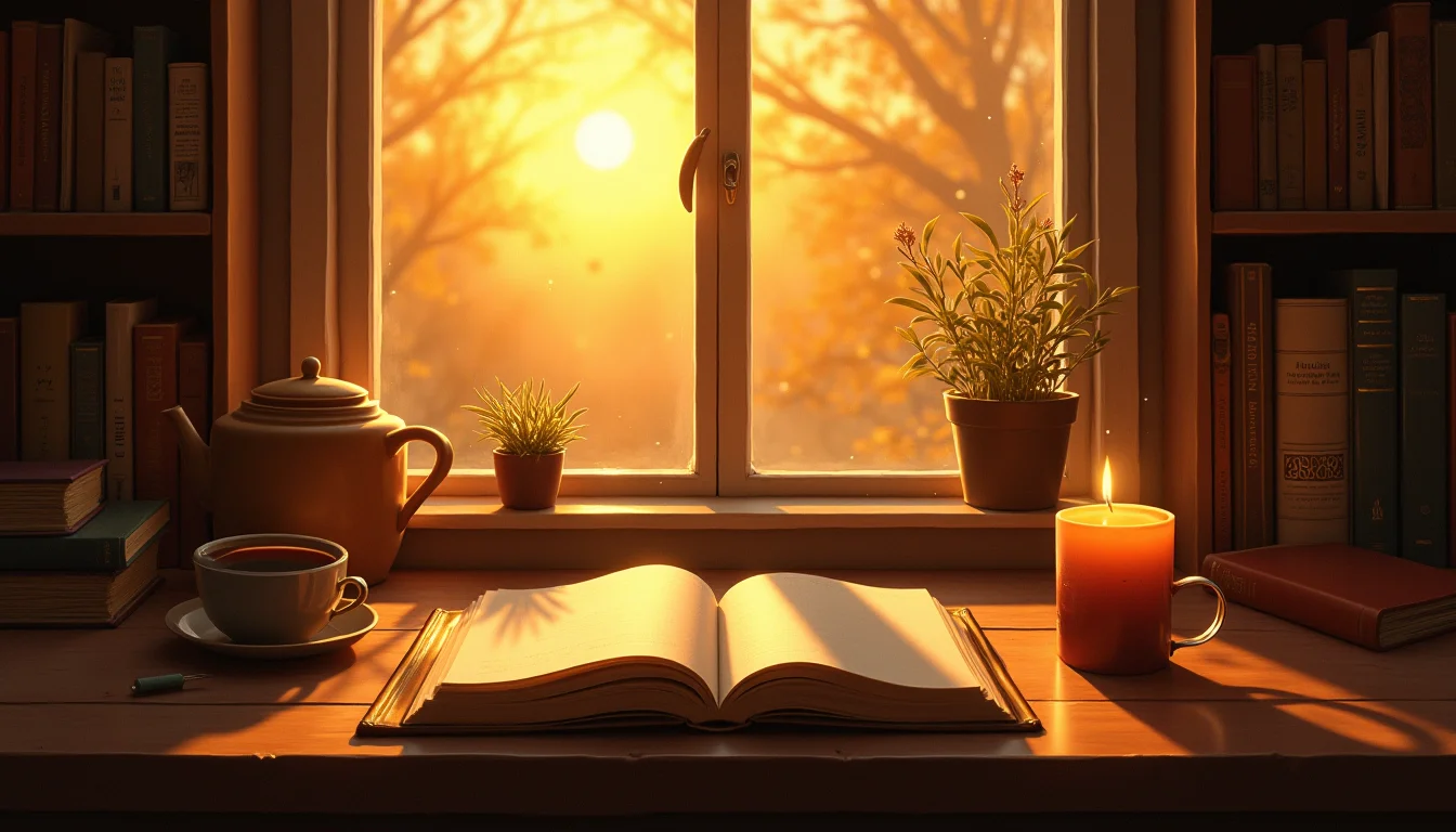 Open book on a desk with warm golden light